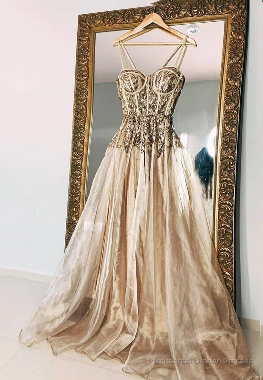 Gold Spaghetti Strap Sequins Long Prom Dresses Main image