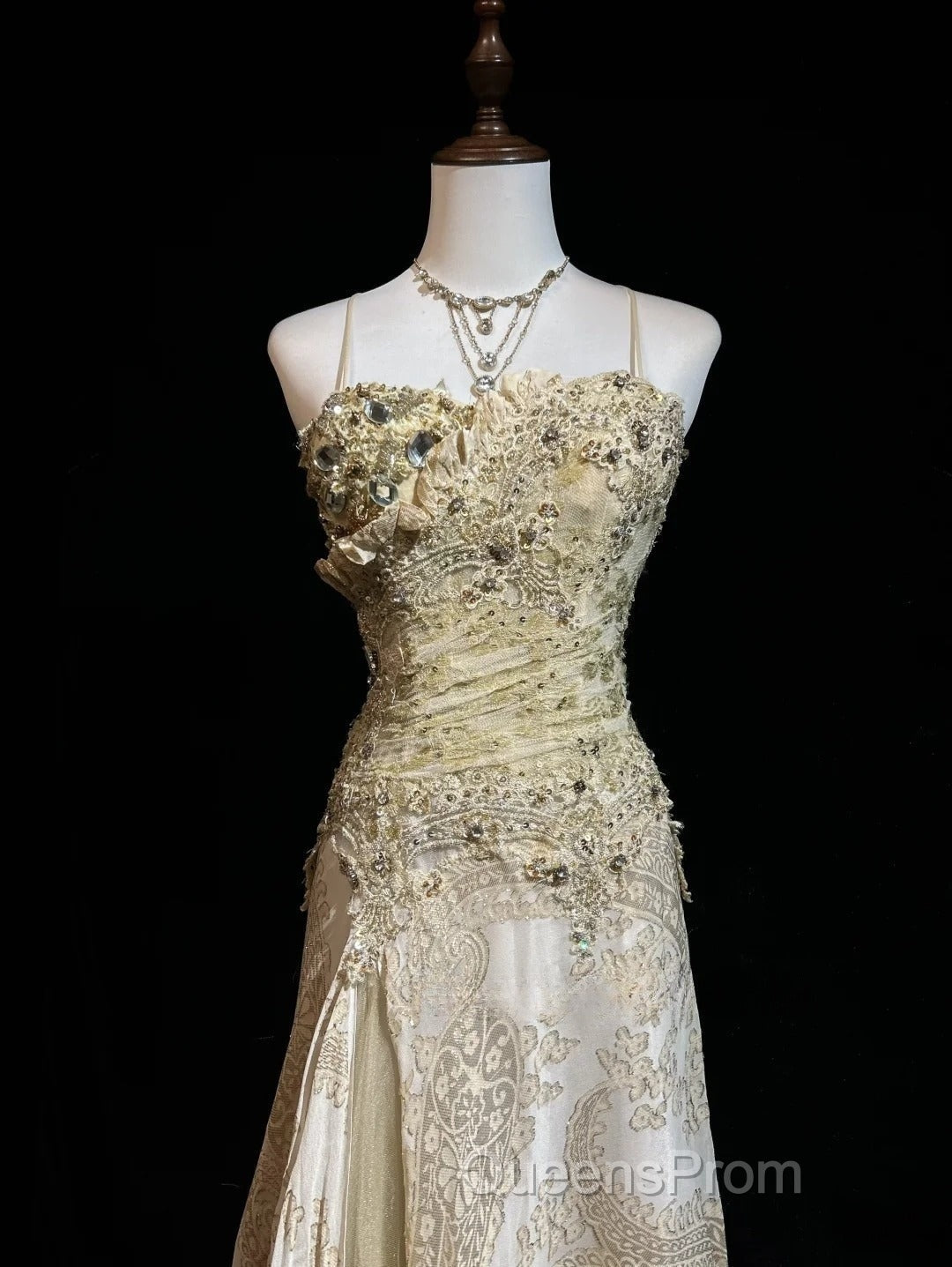 Gold A-Line Spaghetti Strap Satin Lace Long Evening Prom Dress With Beaded Appliques Secondary image