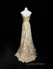 Gold A-Line Spaghetti Strap Satin Lace Long Evening Prom Dress With Beaded Appliques