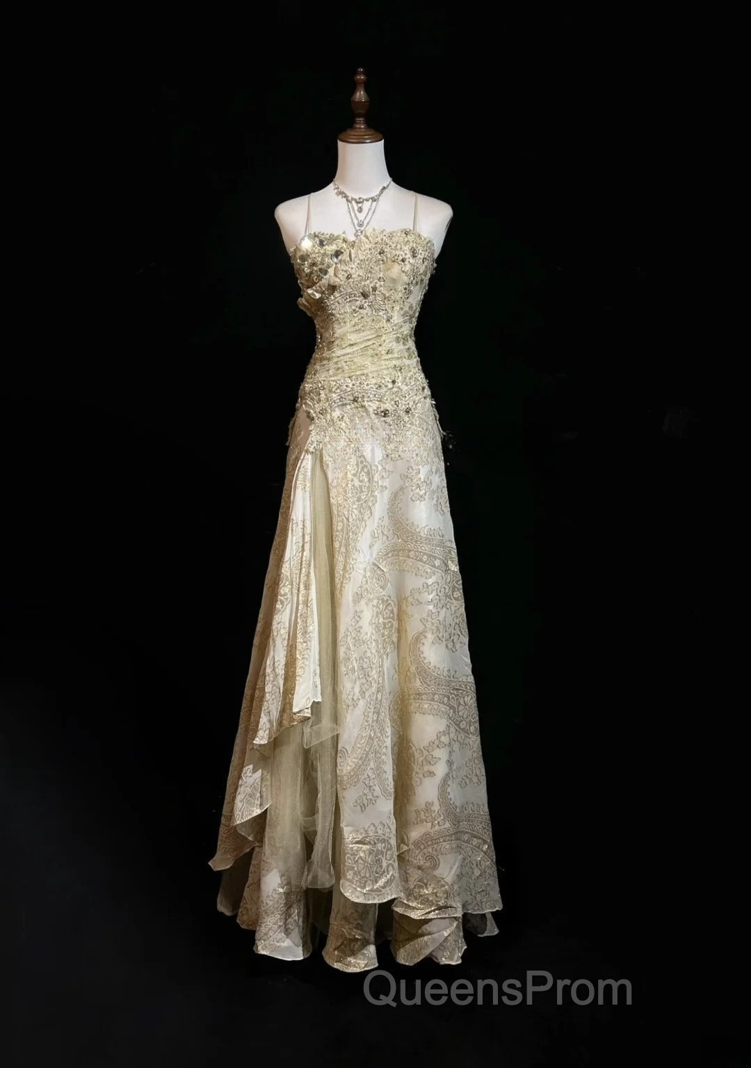 Gold A-Line Spaghetti Strap Satin Lace Long Evening Prom Dress With Beaded Appliques