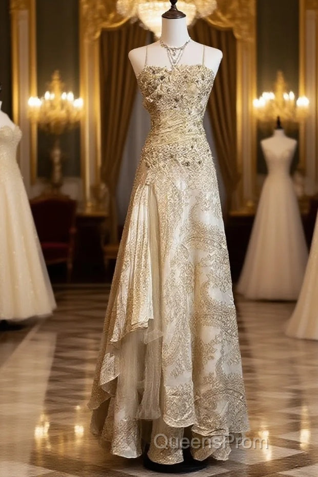 Gold A-Line Spaghetti Strap Satin Lace Long Evening Prom Dress With Beaded Appliques Main image