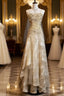 Gold A-Line Spaghetti Strap Satin Lace Long Evening Prom Dress With Beaded Appliques