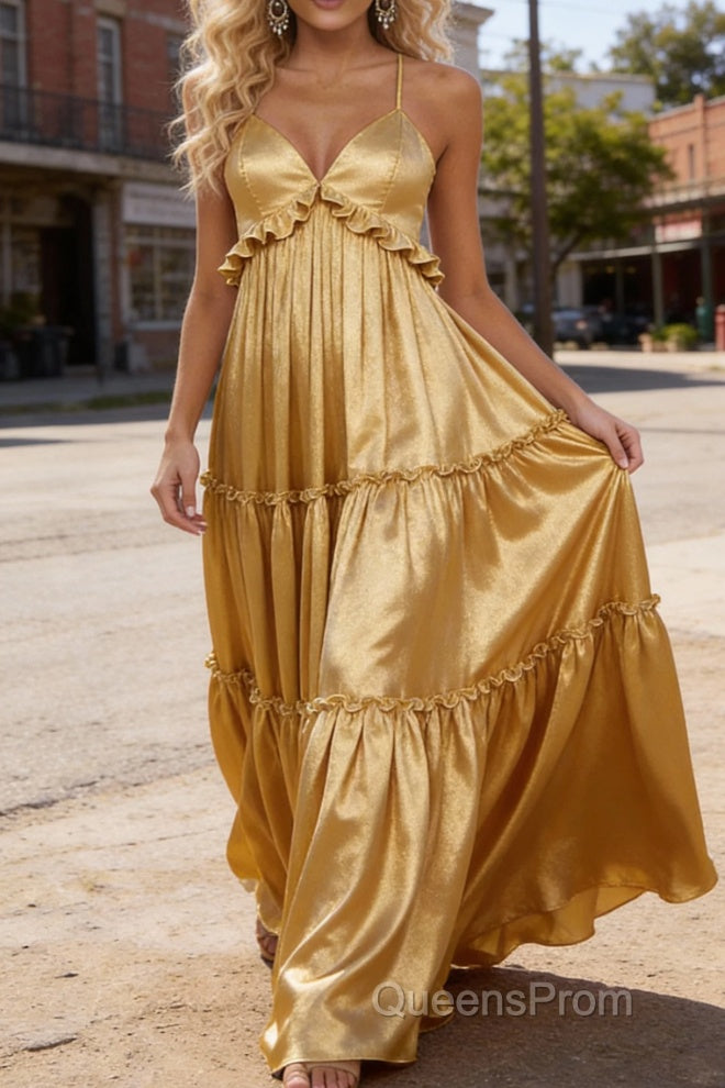 Gold A-line V Neck Sleeveless Floor-Length Prom Dress Long Prom Dresses Backless with Pleated Ruffles Secondary image