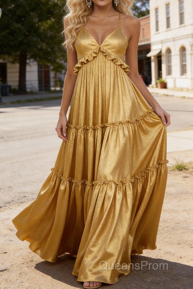 Gold A-line V Neck Sleeveless Floor-Length Prom Dress Long Prom Dresses Backless with Pleated Ruffles Main image