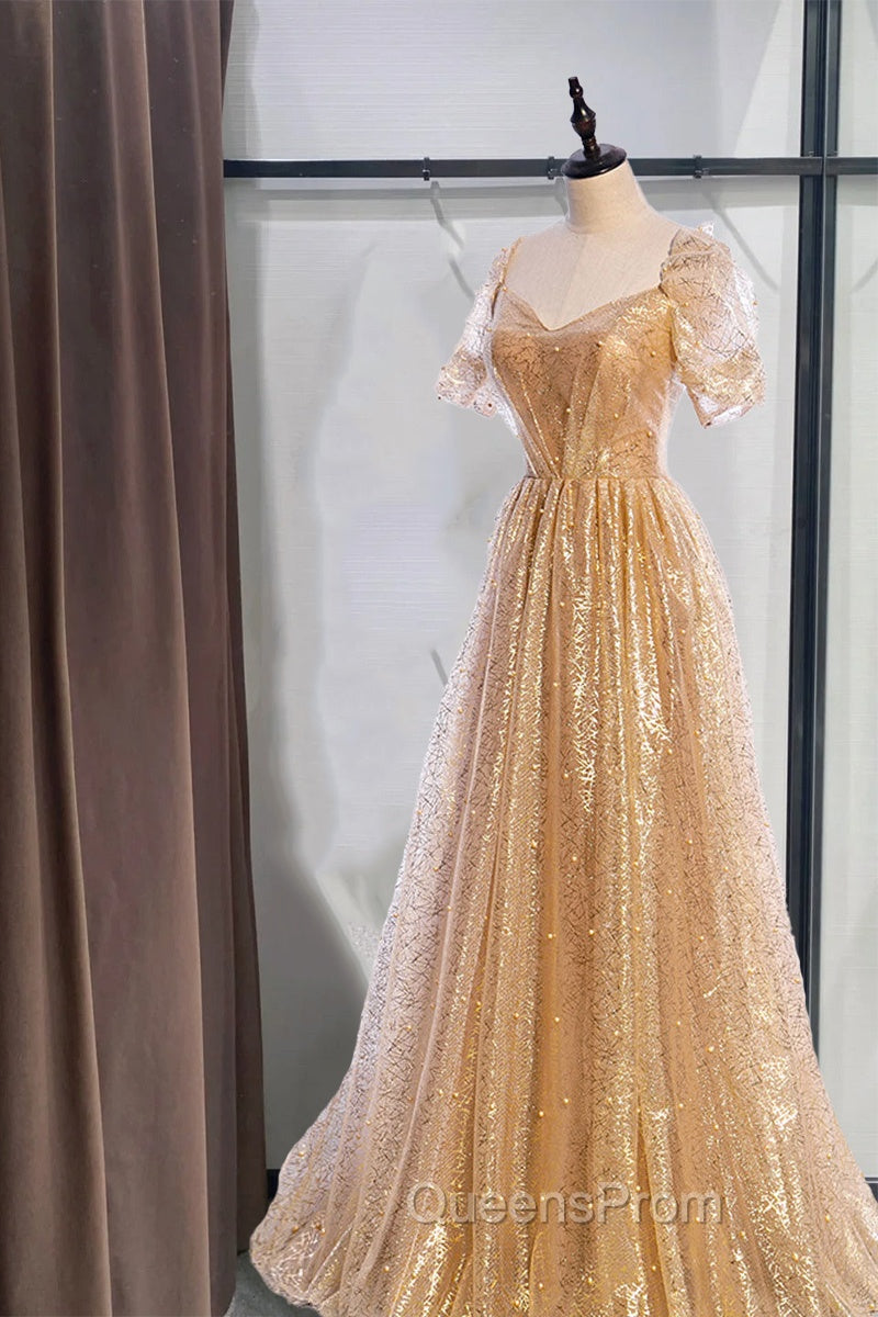 Gold Aline Tulle V Neck Long Evening Prom Dress, Gold Evening Dress Secondary image