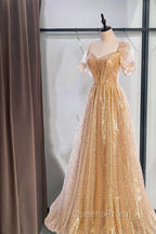 Gold Aline Tulle V Neck Long Evening Prom Dress, Gold Evening Dress