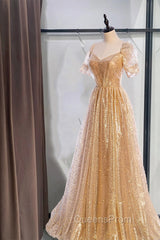 Gold Aline Tulle V Neck Long Evening Prom Dress, Gold Evening Dress
