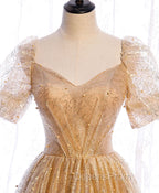 Gold Aline Tulle V Neck Long Evening Prom Dress, Gold Evening Dress