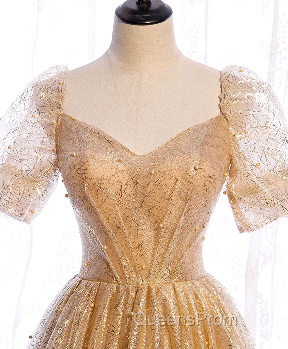 Gold Aline Tulle V Neck Long Evening Prom Dress, Gold Evening Dress