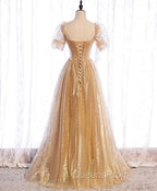 Gold Aline Tulle V Neck Long Evening Prom Dress, Gold Evening Dress