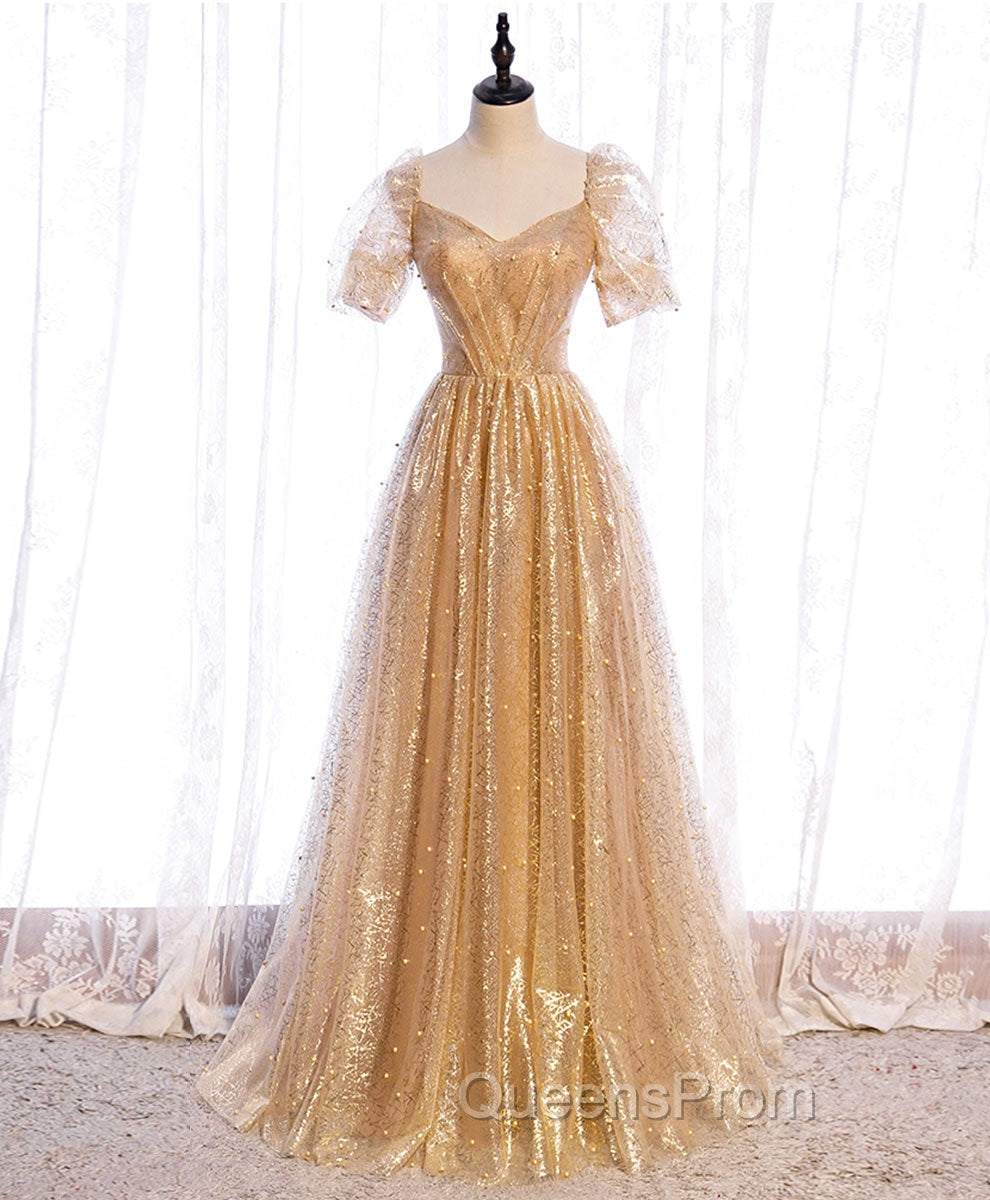 Gold Aline Tulle V Neck Long Evening Prom Dress, Gold Evening Dress Main image