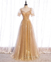 Gold Aline Tulle V Neck Long Evening Prom Dress, Gold Evening Dress