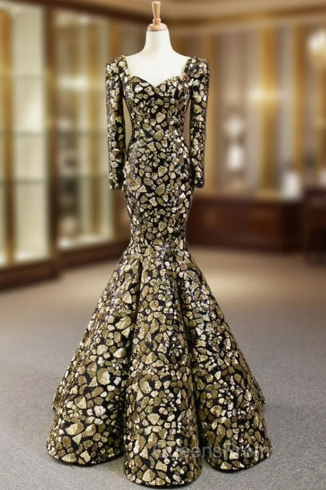 Gold And Black Sequins Mermaid Long Sleeve Square Evening Prom Dress Main image
