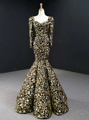 Gold And Black Sequins Mermaid Long Sleeve Square Prom Dress