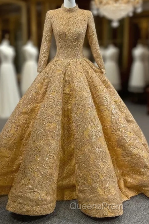 Gold Appliques Sequins High Neck Long Sleeve Evening Prom Dress Main image