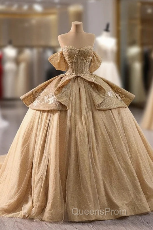 Gold Ball Gown Off the Shoulder Appliques Evening Prom Dress