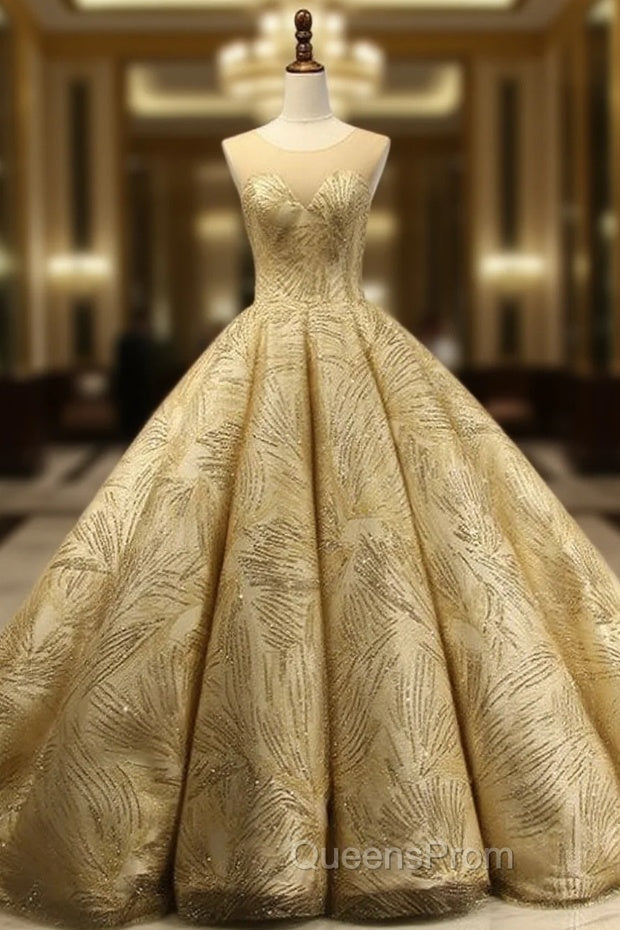 Gold Ball Gown Scoop Neck Sequins Backless Haute Couture Wedding Dress Main image