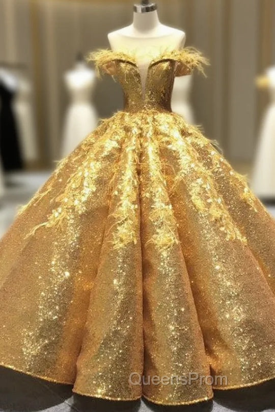 Gold Ball Gown Sequins Appliques See Through V-neck Evening Prom Dress With Feather