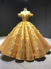 Gold Ball Gown Sequins Appliques See Through V-neck Prom Dress With Feather