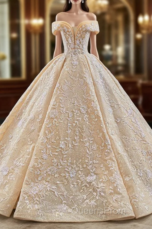 Gold Ball Gown Sequins Beading Off the Shoulder Evening Prom Dress