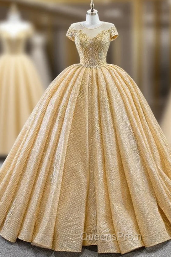 Gold Ball Gown Sequins Cap Sleeve Appliques Evening Prom Dress