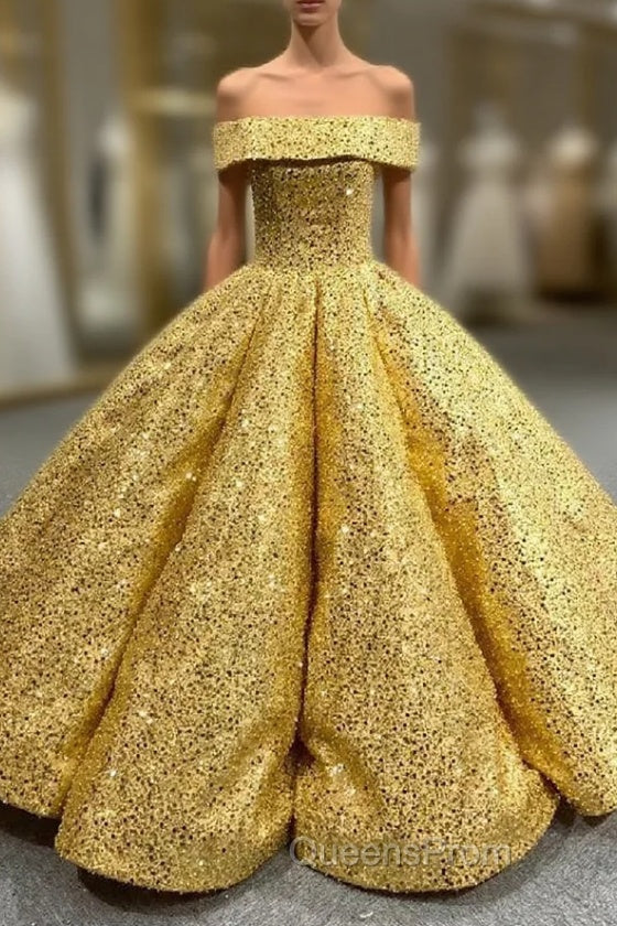 Gold Ball Gown Sequins Cap Sleeve Evening Prom Dress Main image