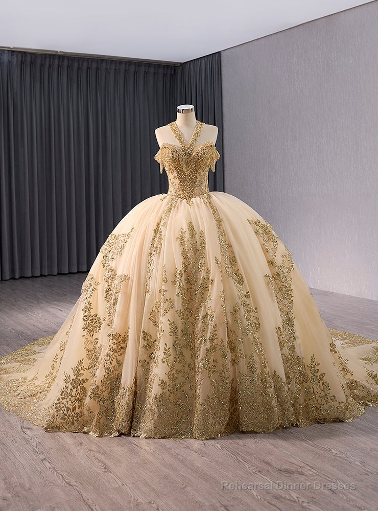 Gold Ball Gown Sequins Halter Pearls Prom Dress Main image