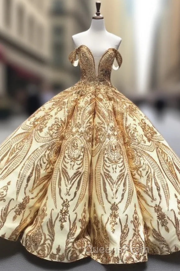 Gold Ball Gown Sequins Off the Shoulder Luxury Evening Prom Dress