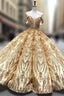 Gold Ball Gown Sequins Off the Shoulder Luxury Evening Prom Dress