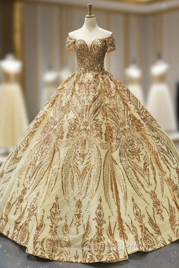 Gold Ball Gown Sequins Off the Shoulder Quinceanera Dress