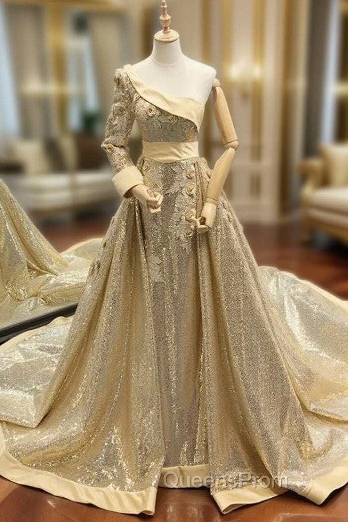 Gold Ball Gown Sequins One Shoulder Long Sleeve Appliques Evening Prom Dress Main image