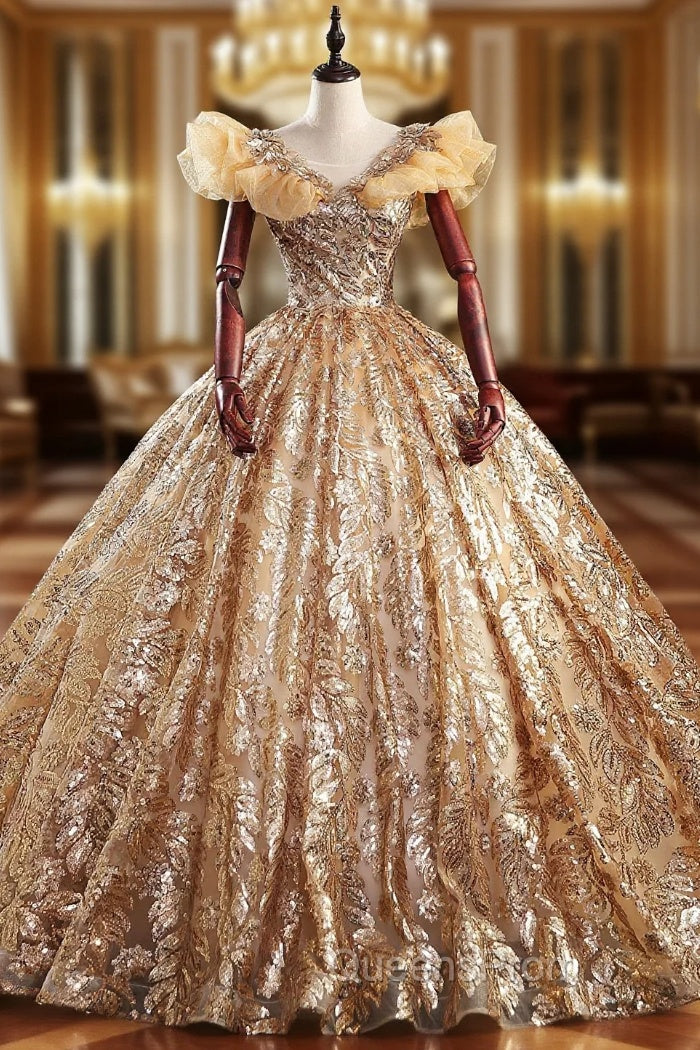Gold Ball Gown Sequins Scoop Neck Quinceanera Dress