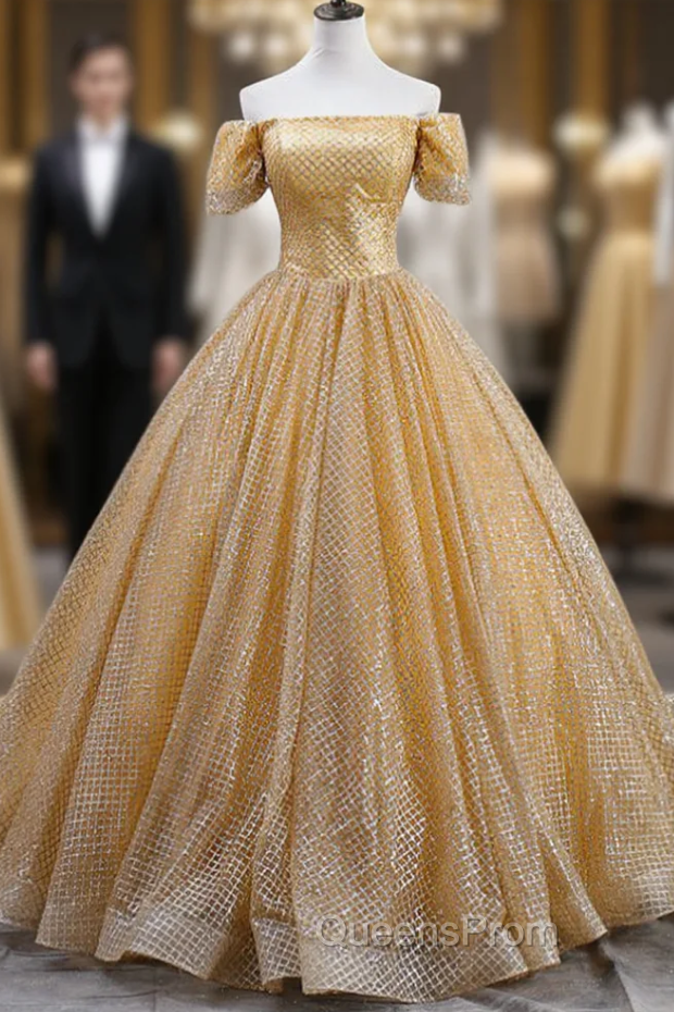 Gold Ball Gown Sequins Short Sleeve Quinceanera Dress With Train