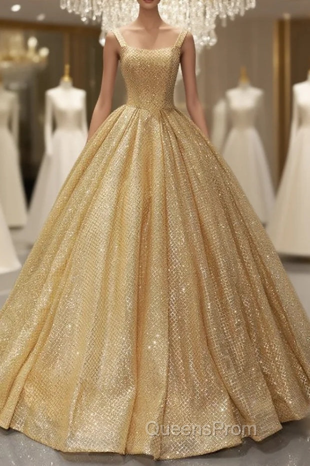 Gold Ball Gown Sequins Straps Floor Length Sweet 16 Evening Prom Dress Main image