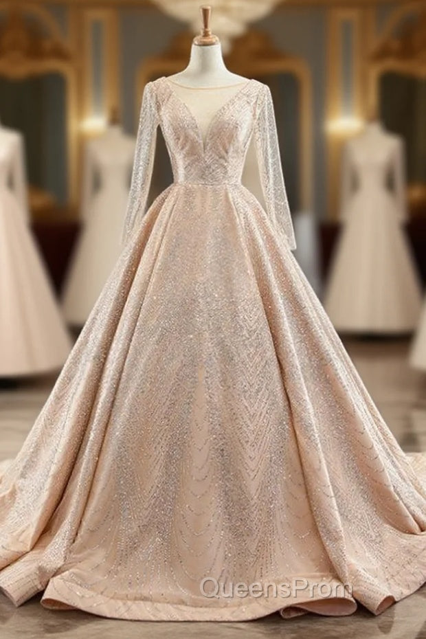 Gold Ball Gown Tulle Sequins Long Sleeve Backless Evening Prom Dress Main image
