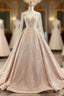 Gold Ball Gown Tulle Sequins Long Sleeve Backless Evening Prom Dress