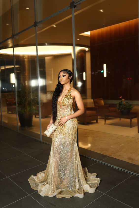 Gold Beaded Sequin Mermaid Classy Prom Dress Classy Evening Dress Secondary image