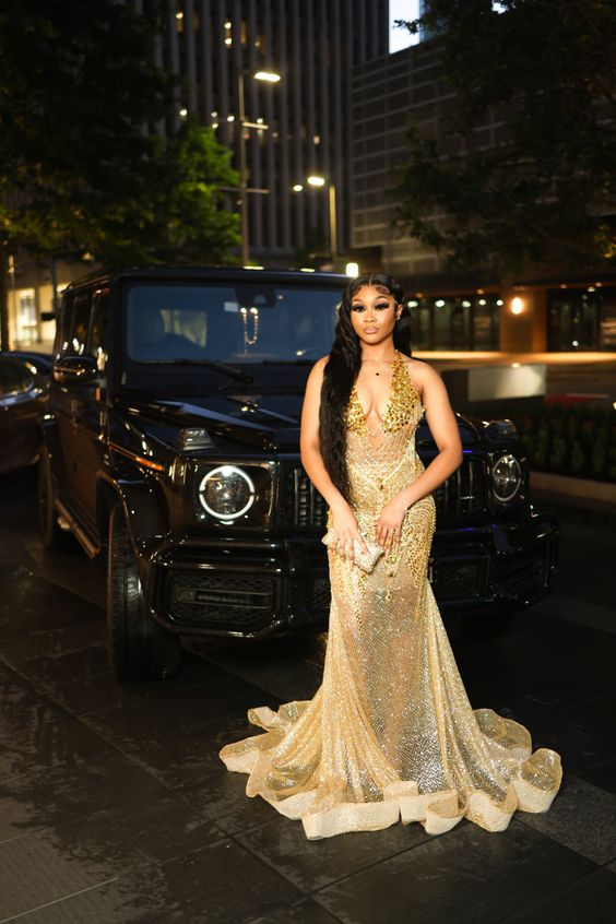 Gold Beaded Sequin Mermaid Classy Prom Dress Classy Evening Dress