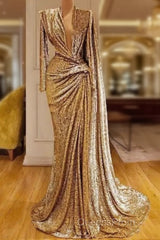 Gold Evening Dress A-Line V-Neck Long Sleeves Sequins Long Turkey Dubai Saudi Arabic Evening Gown Evening Prom Dress