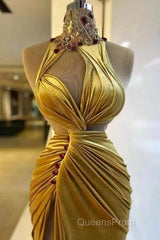 Gold Evening Dress Sheath High Collar Velvet Beaded Slit Long Turkey Dubai Saudi Arabic Evening Gown Evening Prom Dress