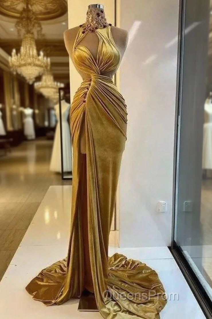 Gold Evening Dress Sheath High Collar Velvet Beaded Slit Long Turkey Dubai Saudi Arabic Evening Gown Evening Prom Dress Main image
