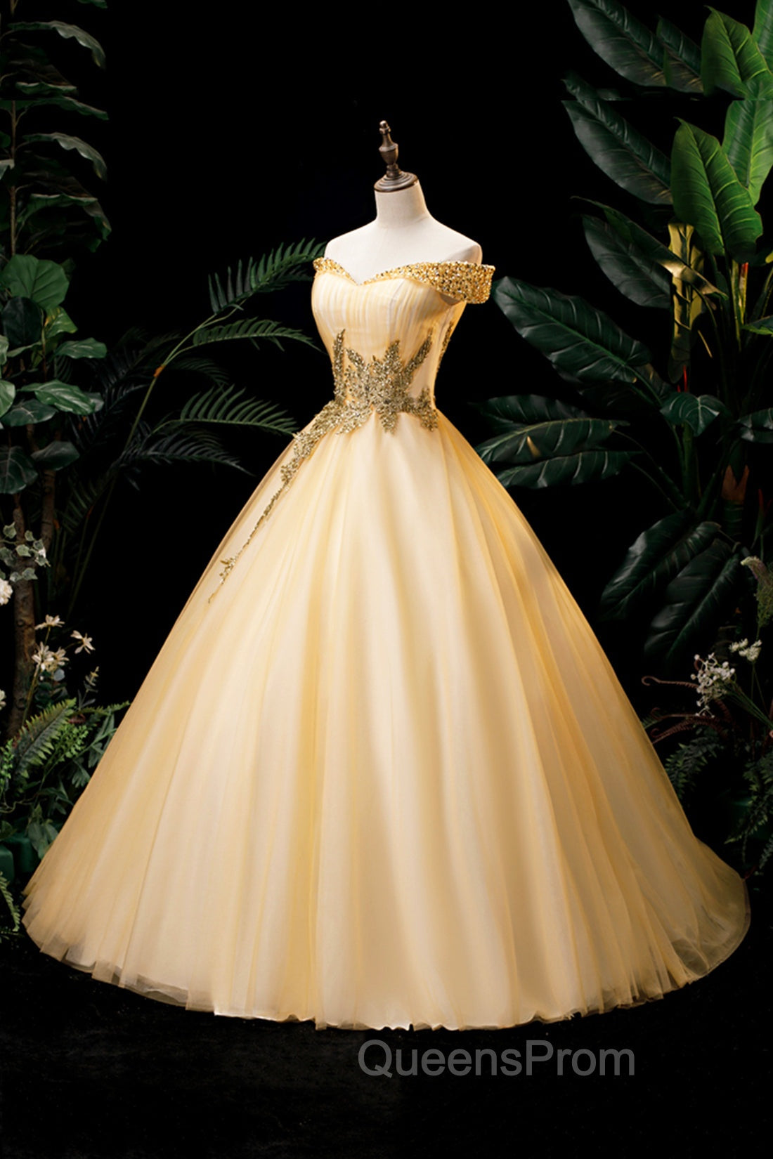 Gold Floor Length Tulle Beading Evening Dress, Lovely Off the Shoulder Evening Party Dress Secondary image