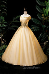 Gold Floor Length Tulle Beading Evening Dress, Lovely Off the Shoulder Evening Party Dress