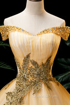 Gold Floor Length Tulle Beading Evening Dress, Lovely Off the Shoulder Evening Party Dress