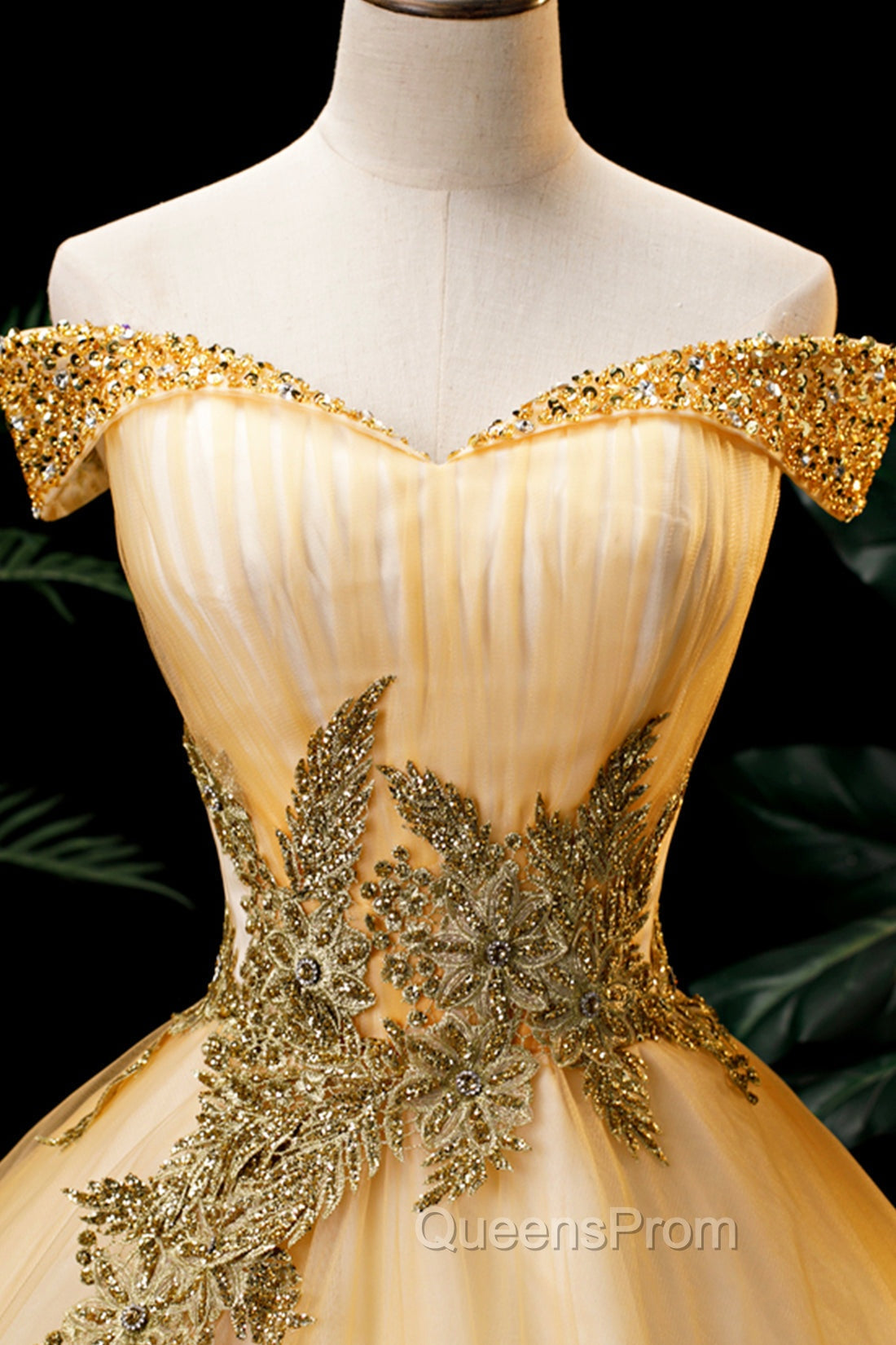 Gold Floor Length Tulle Beading Evening Dress, Lovely Off the Shoulder Evening Party Dress
