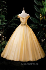 Gold Floor Length Tulle Beading Evening Dress, Lovely Off the Shoulder Evening Party Dress