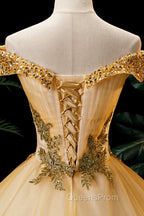 Gold Floor Length Tulle Beading Evening Dress, Lovely Off the Shoulder Evening Party Dress