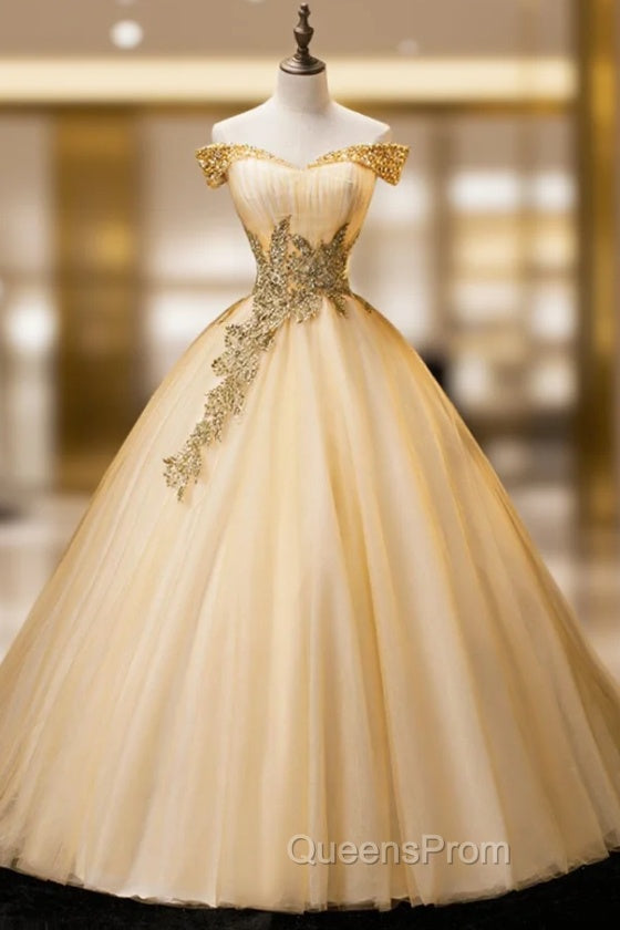 Gold Floor Length Tulle Beading Evening Dress, Lovely Off the Shoulder Evening Party Dress Main image