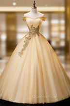 Gold Floor Length Tulle Beading Evening Dress, Lovely Off the Shoulder Evening Party Dress