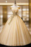 Gold Floor Length Tulle Beading Evening Dress, Lovely Off the Shoulder Evening Party Dress